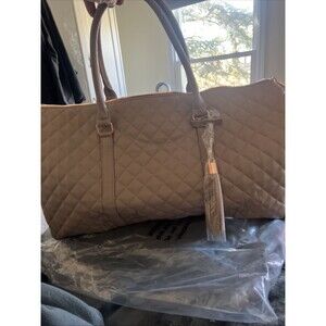 Ms Lovely Quilted Leather Weekender Travel Tan Duffel Bag w/Rose Gold Hardware